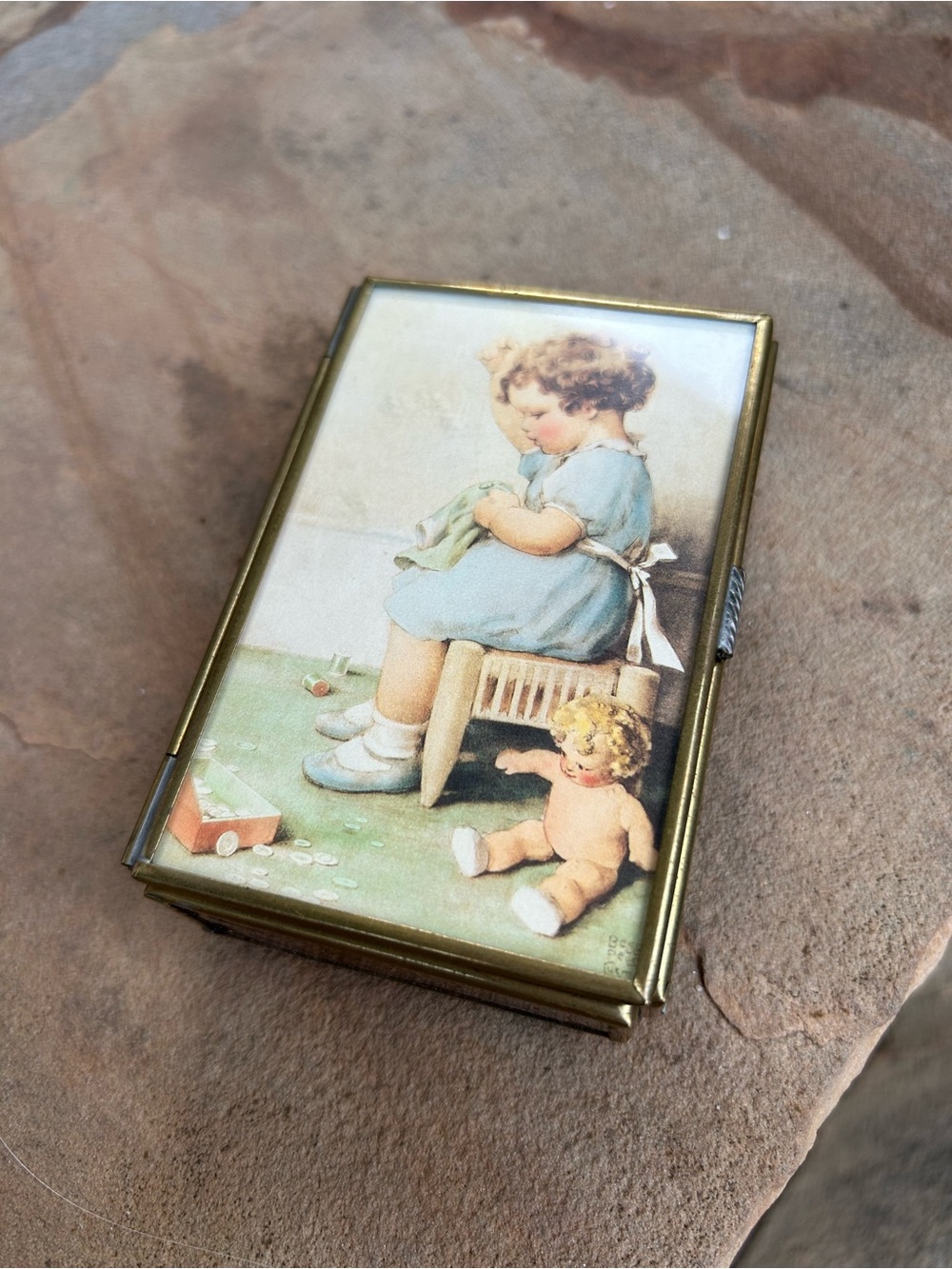 Vintage Brass Trinket Box with Illustration by Bessie Pease Gutmann